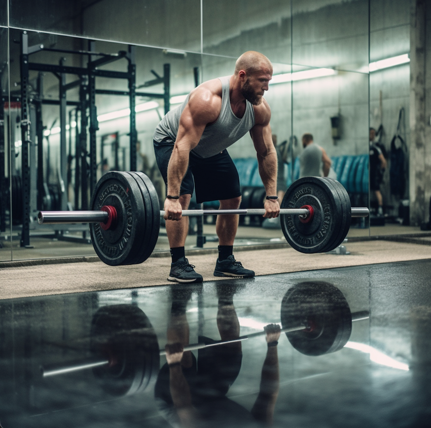 Powerful weightlifter performing a heavy deadlift exercise with proper form in the gym