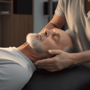 Skilled chiropractor preparing for cervical manipulation on a male patient with neck pain on chiropractic table in a comfortable consultation room