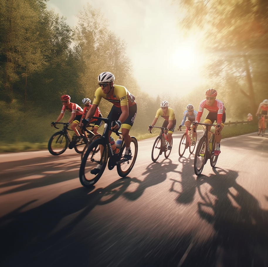 Group of cycling athletes riding professional road bikes uphill at sundown, benefiting from chiropractic care